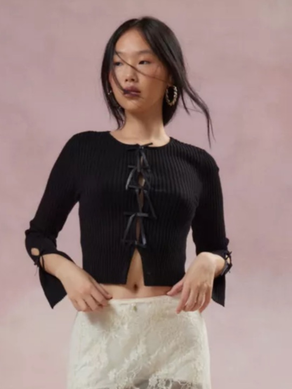Kimchi Blue Peyton Bow  Black Ribbed Cropped Cardigan